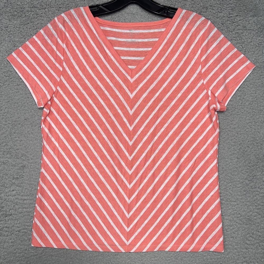 Talbots Top Womens Sz M Petite Pink‎ White Stripe Linen Blend V Neck Cottagecore
